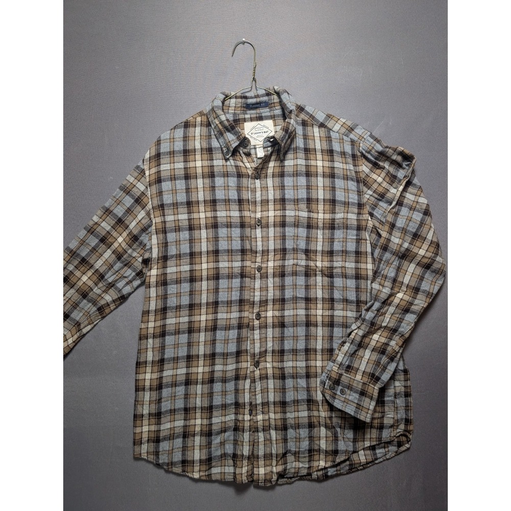 St. Johns Bay Flannel Shirt Mens Medium Brown Beige Plaid Button Down Iron Free